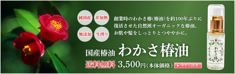 創業時のわかさ椿を約100年ぶりに復活させた自然派オーガニックな椿油。お肌や髪をしっとりとつややかに。国産椿油 わかさ椿油